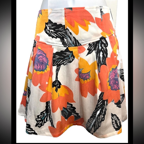 FREE PEOPLE Floral Mini Skirt Smocked Pull Up Orange Black Full Medium - Picture 2 of 8